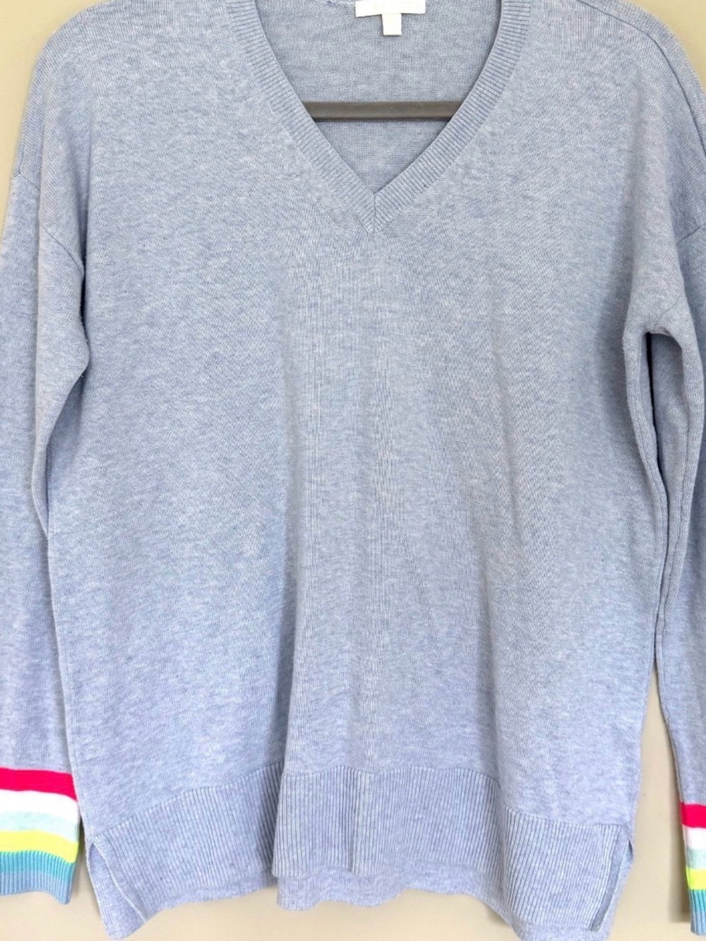 Lisa Todd Cotton Crewneck Blue V-Neck Sweater with Rainbow Cuff Detail SZ XS